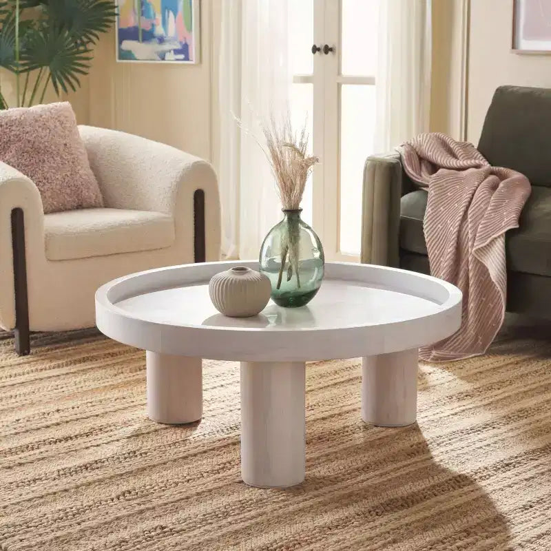 Round 3-Leg Coffee Table in Natural Bayur Wood & MDF Veneer, 135 lb Capacity