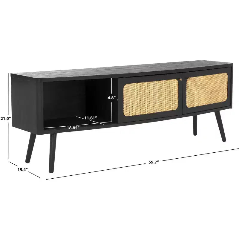2-Door Rattan Mesh Media Stand with Open Shelf & Tapered Legs, Walnut, Fits 65"