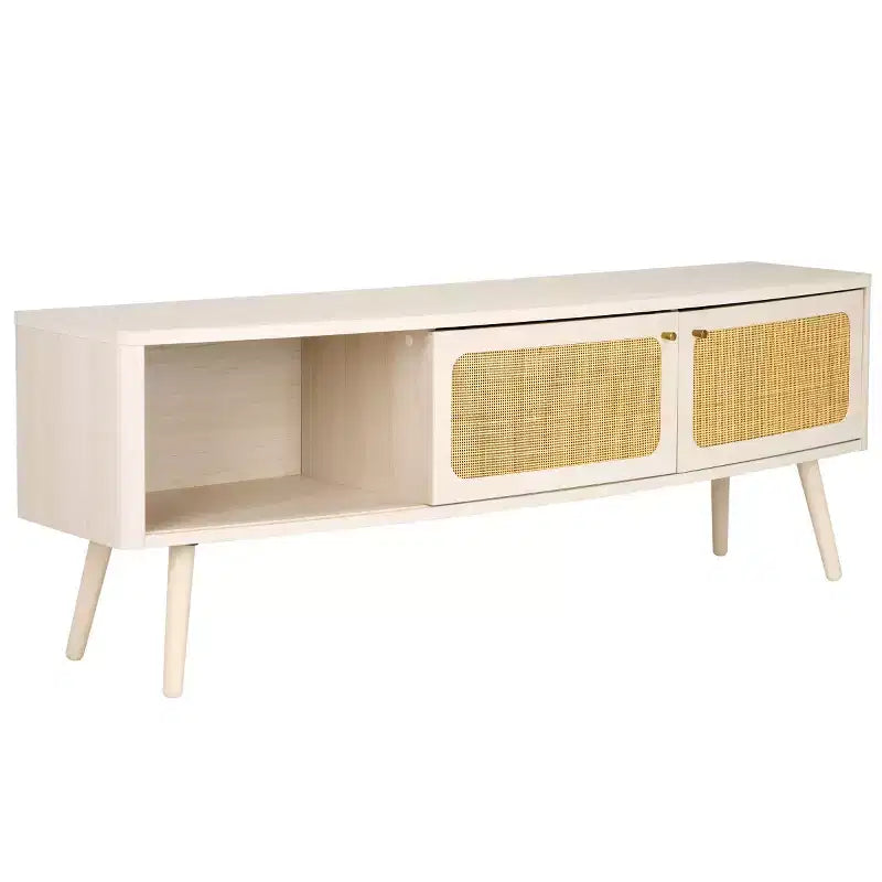 2-Door Rattan Mesh Media Stand with Open Shelf & Tapered Legs, Walnut, Fits 65"
