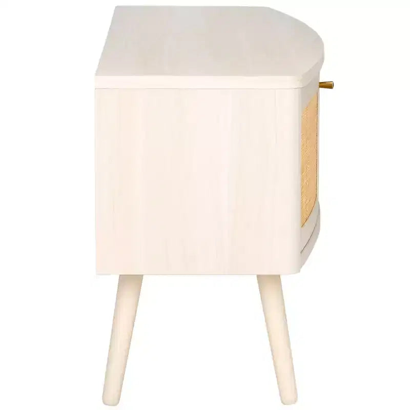 2-Door Rattan Mesh Media Stand with Open Shelf & Tapered Legs, Walnut, Fits 65"