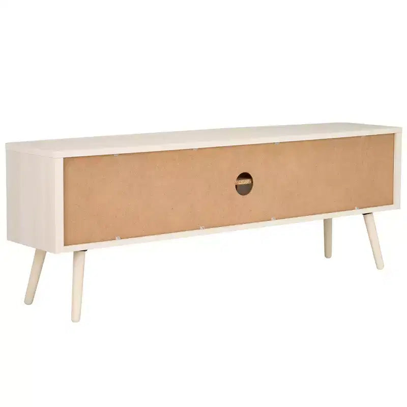 2-Door Rattan Mesh Media Stand with Open Shelf & Tapered Legs, Walnut, Fits 65"