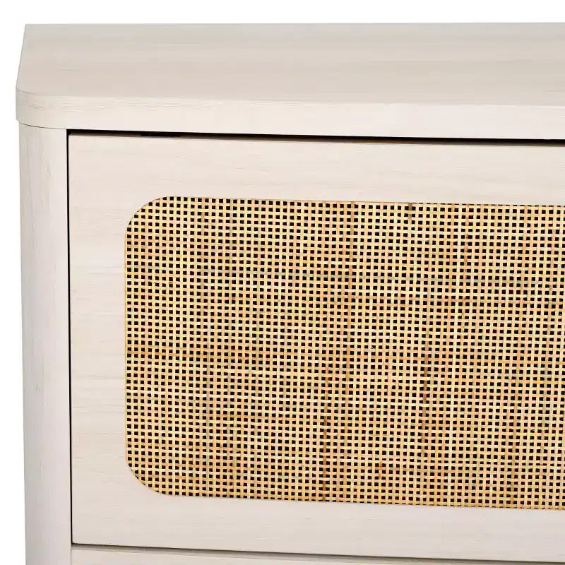 2-Door Rattan Mesh Media Stand with Open Shelf & Tapered Legs, Walnut, Fits 65"