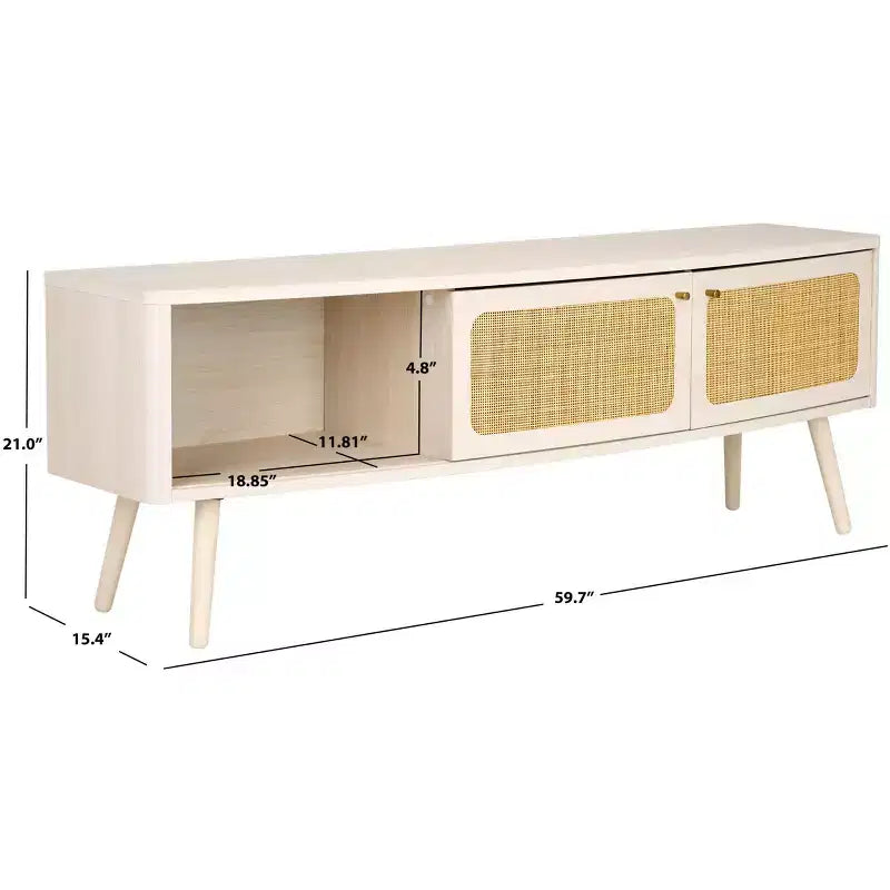 2-Door Rattan Mesh Media Stand with Open Shelf & Tapered Legs, Walnut, Fits 65"