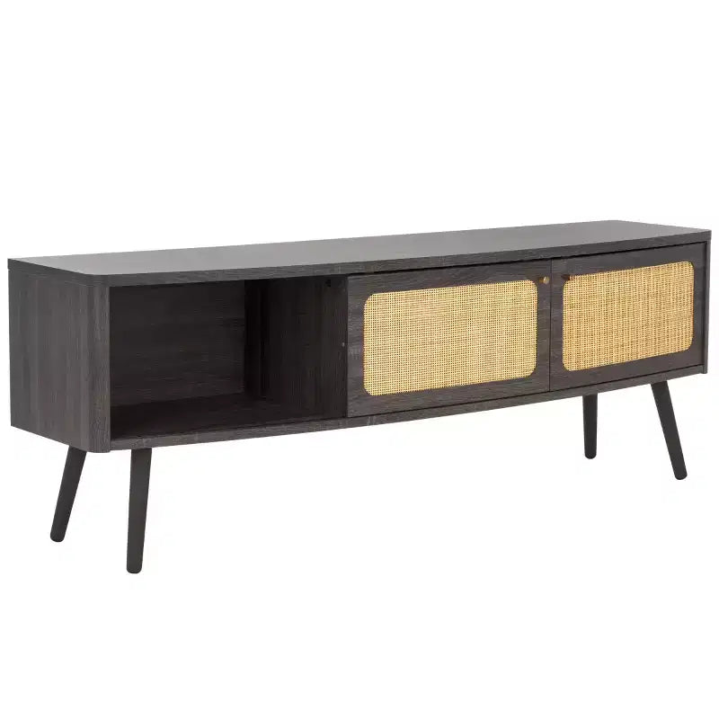 2-Door Rattan Mesh Media Stand with Open Shelf & Tapered Legs, Walnut, Fits 65"