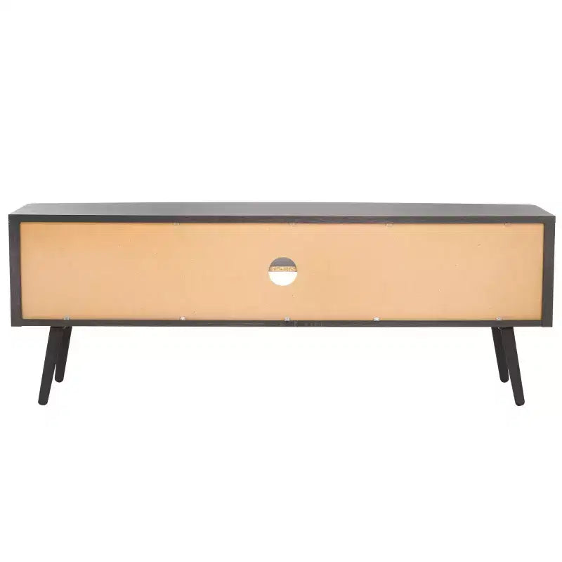 2-Door Rattan Mesh Media Stand with Open Shelf & Tapered Legs, Walnut, Fits 65"