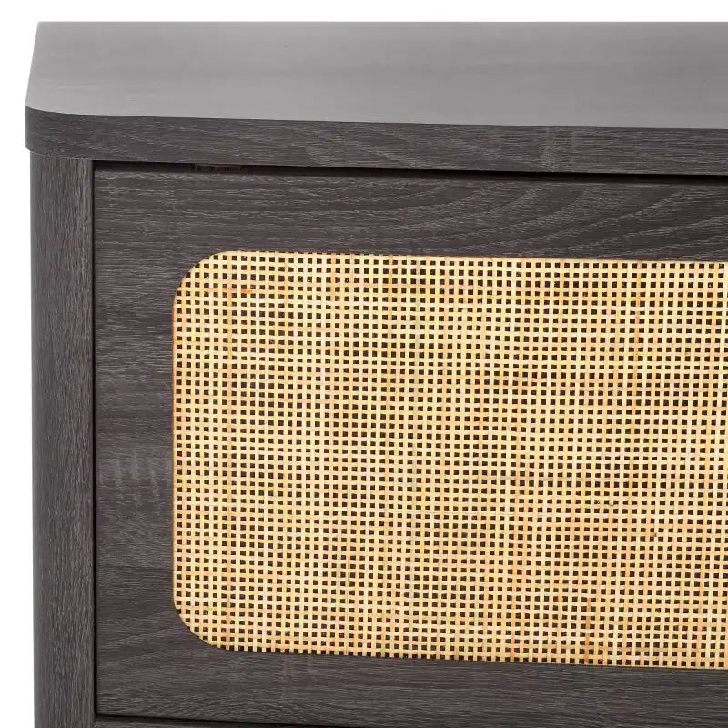 2-Door Rattan Mesh Media Stand with Open Shelf & Tapered Legs, Walnut, Fits 65"