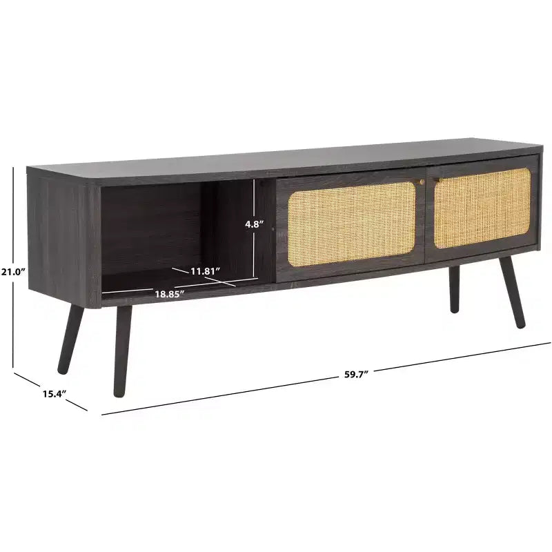 2-Door Rattan Mesh Media Stand with Open Shelf & Tapered Legs, Walnut, Fits 65"