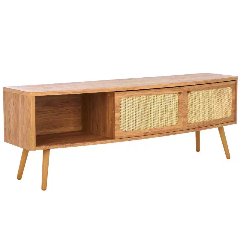 2-Door Rattan Mesh Media Stand with Open Shelf & Tapered Legs, Walnut, Fits 65"