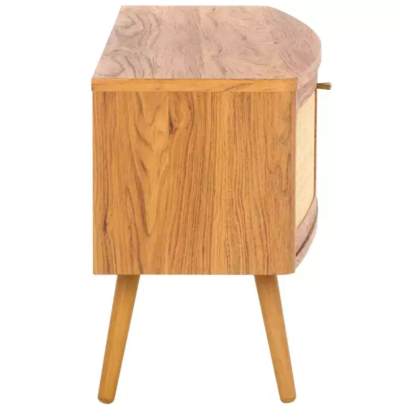 2-Door Rattan Mesh Media Stand with Open Shelf & Tapered Legs, Walnut, Fits 65"
