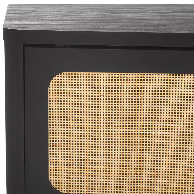 2-Door Rattan Mesh Media Stand with Open Shelf & Tapered Legs, Walnut, Fits 65"