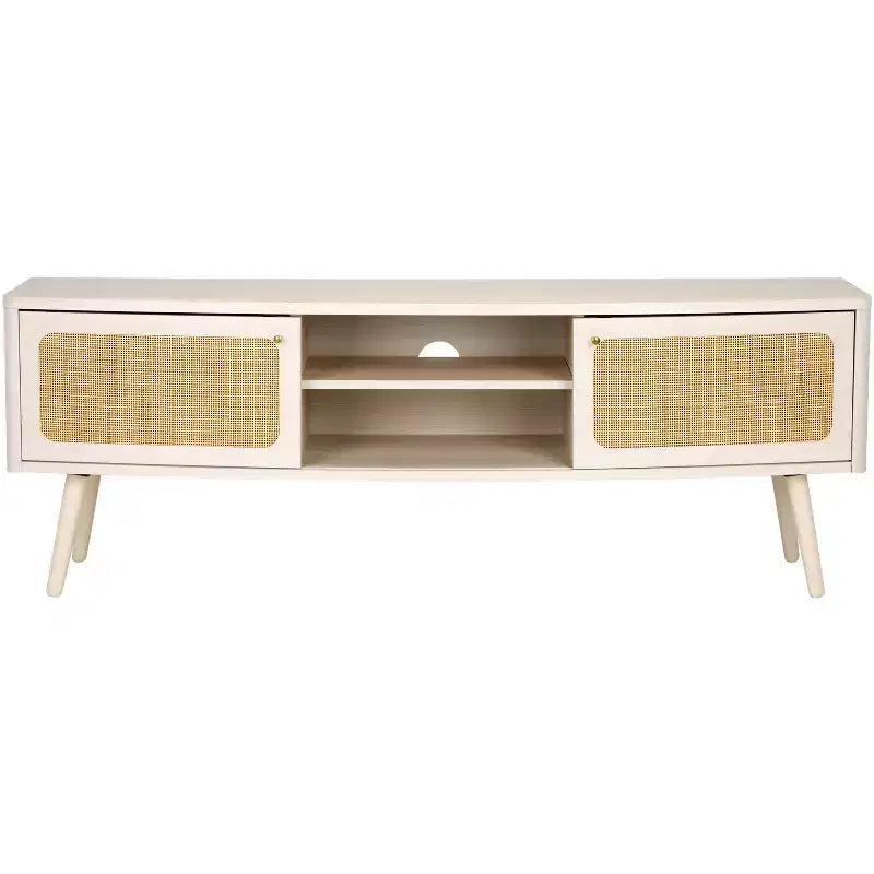 2-Door Rattan Mesh Media Stand with Open Shelf & Tapered Legs, Walnut, Fits 65"