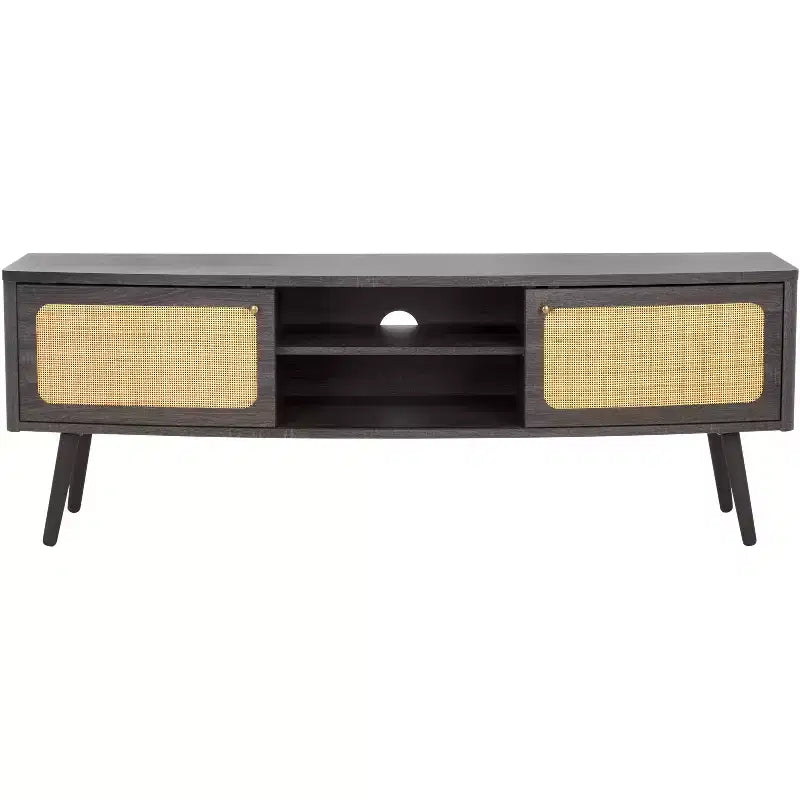 2-Door Rattan Mesh Media Stand with Open Shelf & Tapered Legs, Walnut, Fits 65"