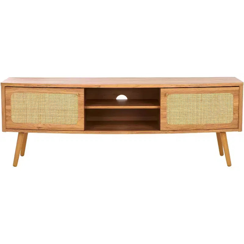 2-Door Rattan Mesh Media Stand with Open Shelf & Tapered Legs, Walnut, Fits 65"