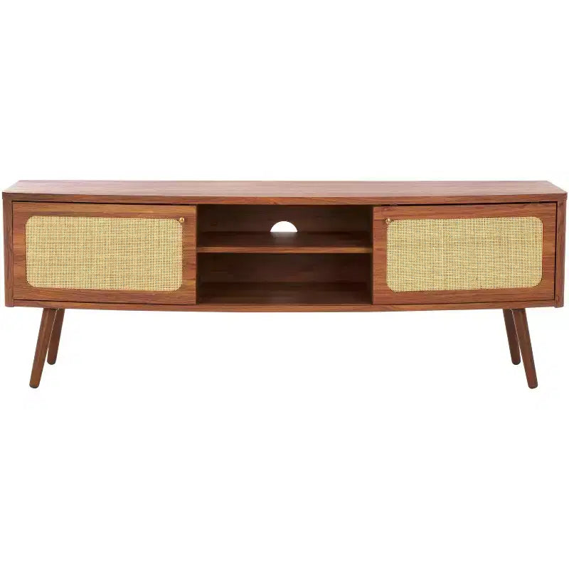 2-Door Rattan Mesh Media Stand with Open Shelf & Tapered Legs, Walnut, Fits 65"