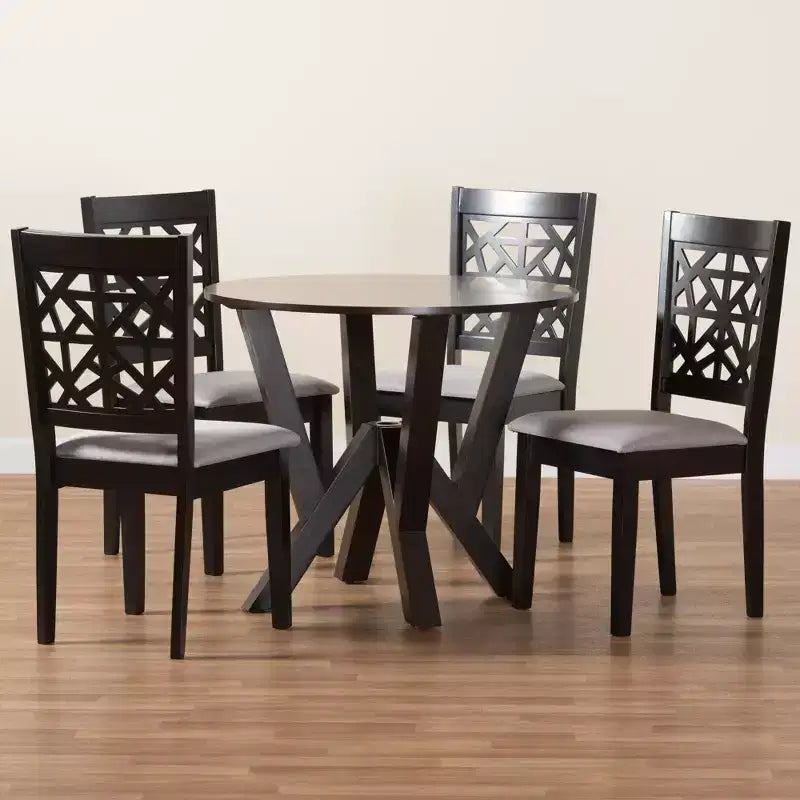 5-Piece Modern Round Dining Set with 4 Upholstered Chairs, Oak & Beige