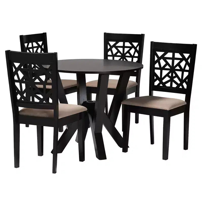 5-Piece Modern Round Dining Set with 4 Upholstered Chairs, Oak & Beige