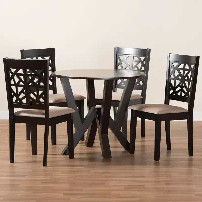 5-Piece Modern Round Dining Set with 4 Upholstered Chairs, Oak & Beige