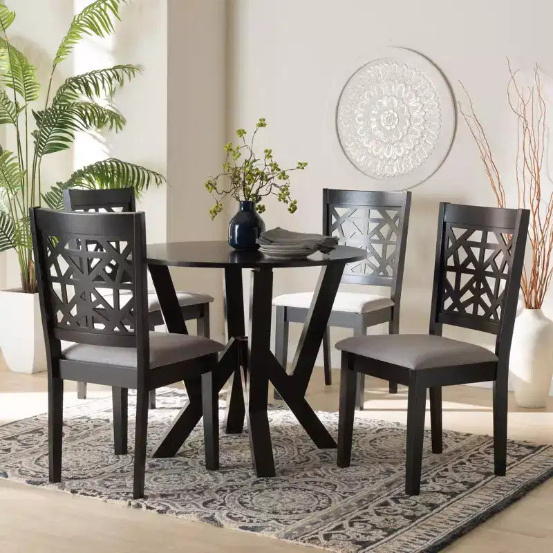5-Piece Modern Round Dining Set with 4 Upholstered Chairs, Oak & Beige