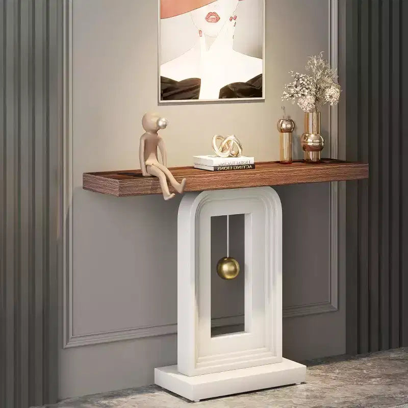 Modern 40" Narrow Console Table with Geometric Pendulum Base & Faux Marble Top