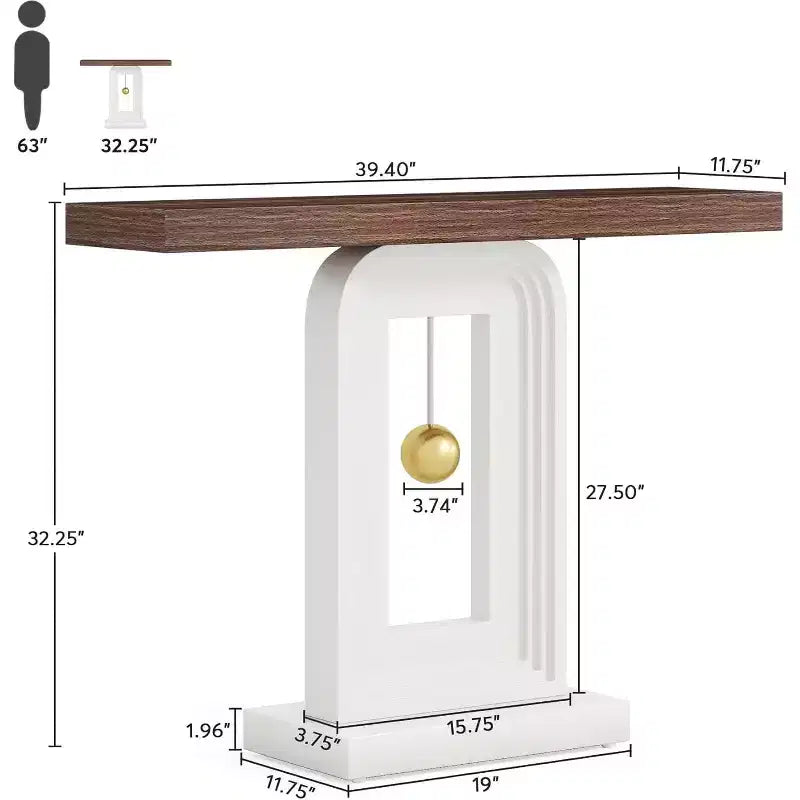 Modern 40" Narrow Console Table with Geometric Pendulum Base & Faux Marble Top