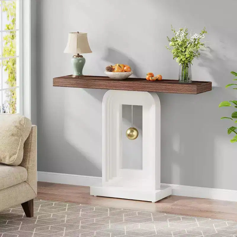 Modern 40" Narrow Console Table with Geometric Pendulum Base & Faux Marble Top