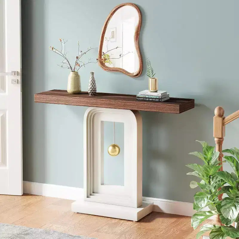 Modern 40" Narrow Console Table with Geometric Pendulum Base & Faux Marble Top