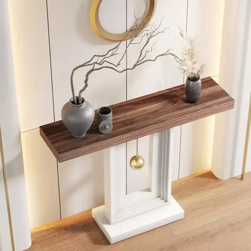 Modern 40" Narrow Console Table with Geometric Pendulum Base & Faux Marble Top