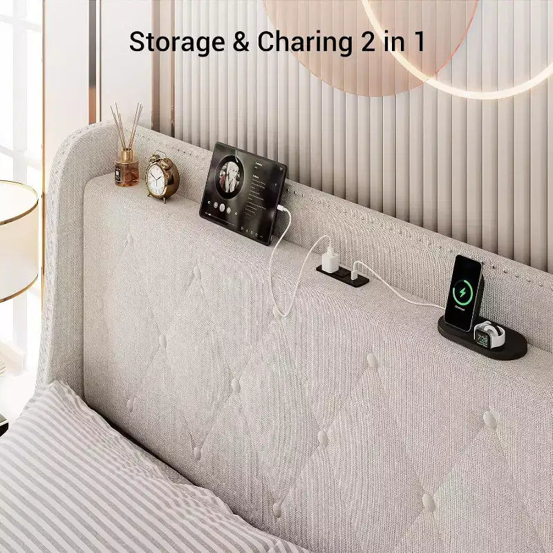 Beige Upholstered Platform Bed with Wingback, 4 Storage Drawers & Charging Station