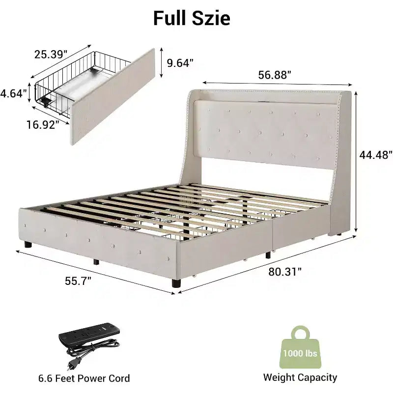 Beige Upholstered Platform Bed with Wingback, 4 Storage Drawers & Charging Station