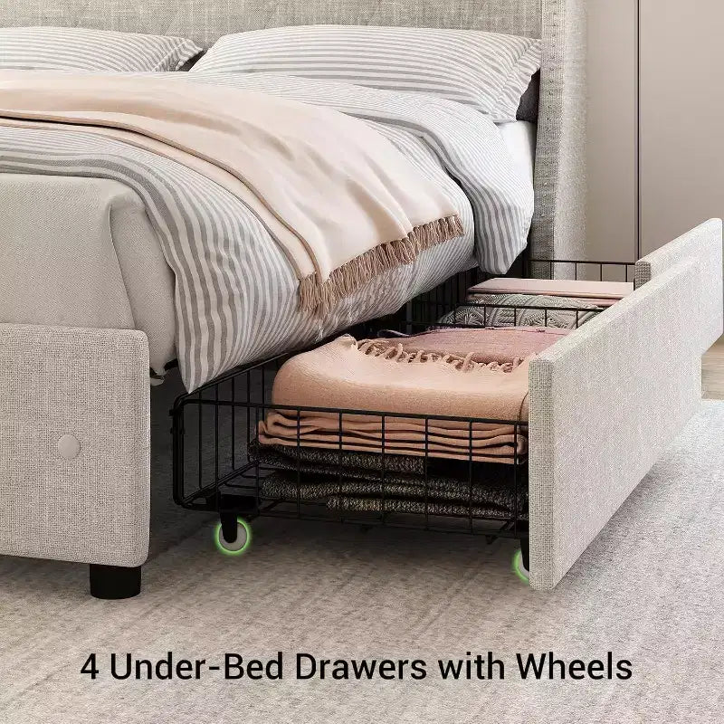 Beige Upholstered Platform Bed with Wingback, 4 Storage Drawers & Charging Station