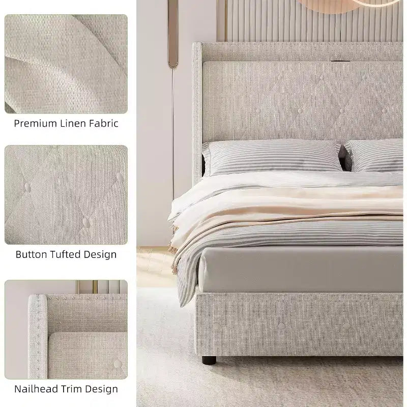 Beige Upholstered Platform Bed with Wingback, 4 Storage Drawers & Charging Station