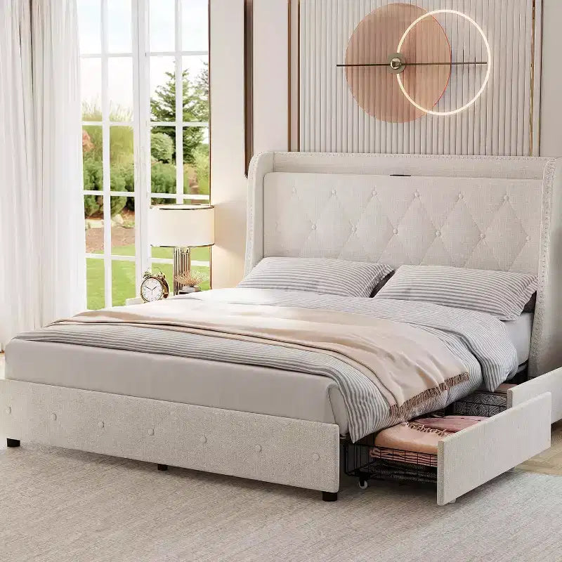 Beige Upholstered Platform Bed with Wingback, 4 Storage Drawers & Charging Station