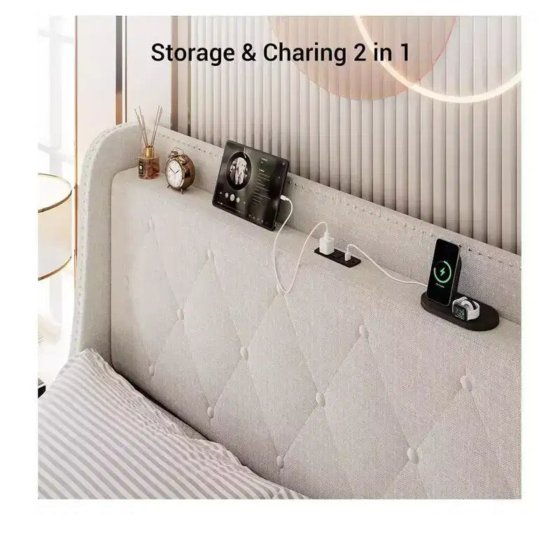 Beige Upholstered Platform Bed with Wingback, 4 Storage Drawers & Charging Station