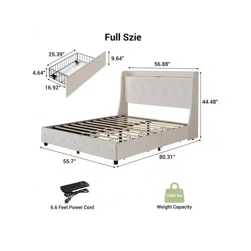 Beige Upholstered Platform Bed with Wingback, 4 Storage Drawers & Charging Station
