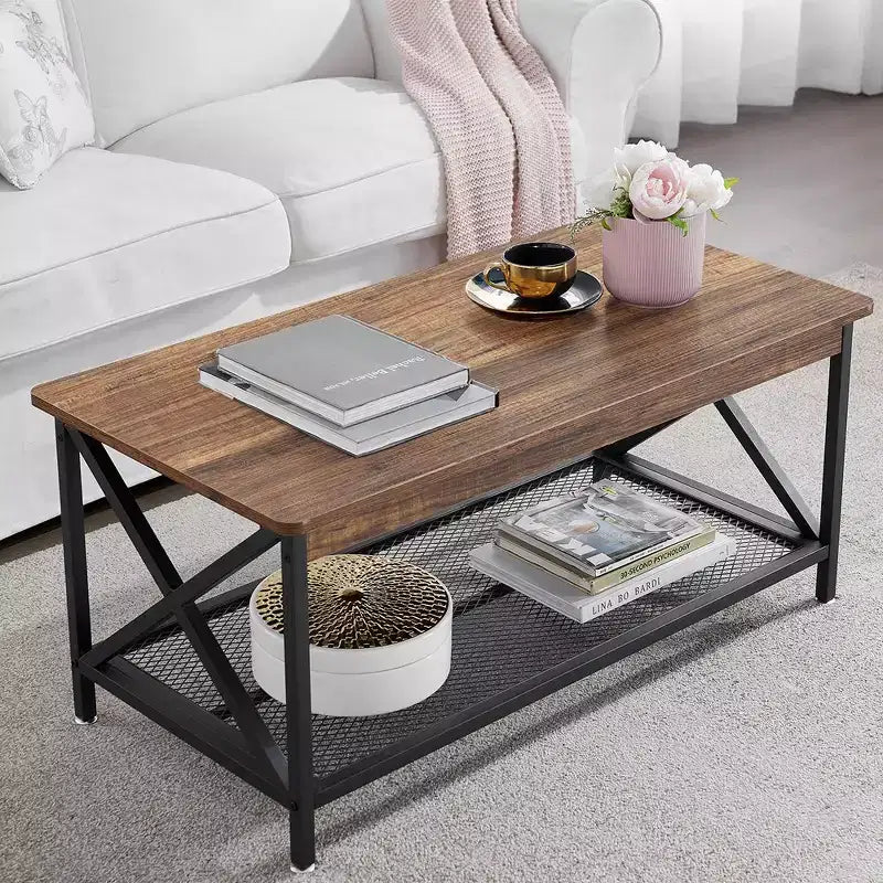 Industrial X-Frame Coffee Table with Open Storage Shelf, 39.4"L Wood & Metal