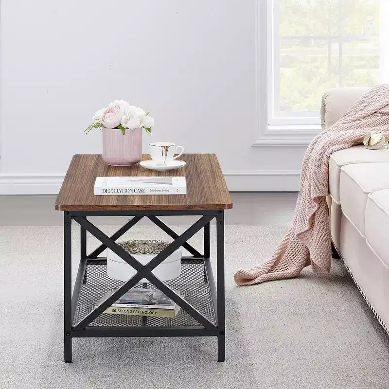Industrial X-Frame Coffee Table with Open Storage Shelf, 39.4"L Wood & Metal