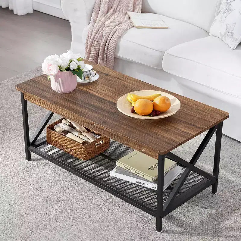 Industrial X-Frame Coffee Table with Open Storage Shelf, 39.4"L Wood & Metal