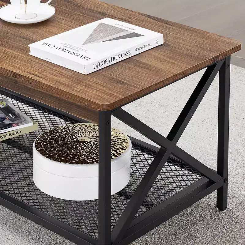 Industrial X-Frame Coffee Table with Open Storage Shelf, 39.4"L Wood & Metal