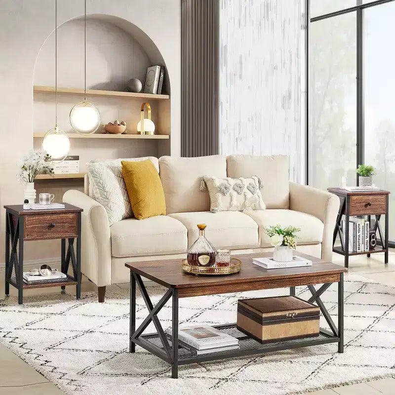 Industrial X-Frame Coffee Table with Open Storage Shelf, 39.4"L Wood & Metal