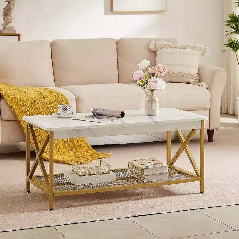 Industrial X-Frame Coffee Table with Open Storage Shelf, 39.4"L Wood & Metal