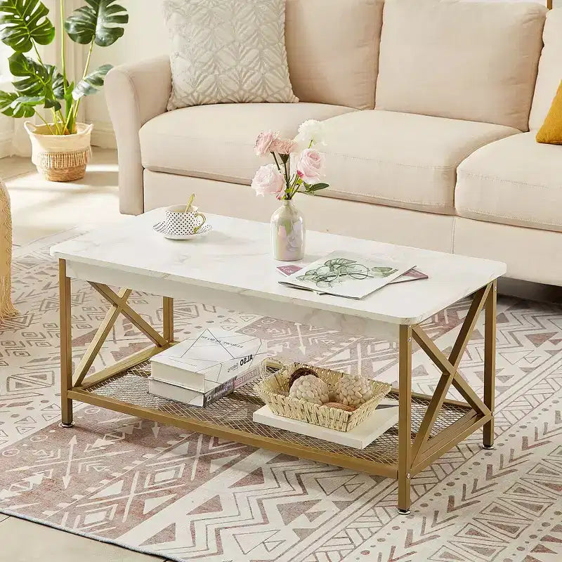 Industrial X-Frame Coffee Table with Open Storage Shelf, 39.4"L Wood & Metal