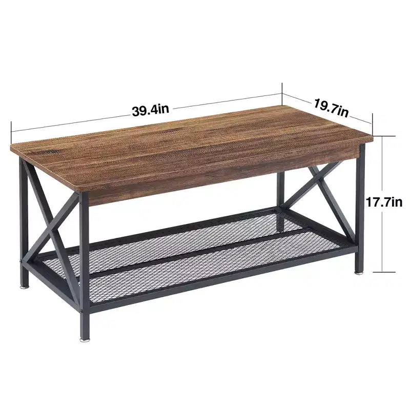 Industrial X-Frame Coffee Table with Open Storage Shelf, 39.4"L Wood & Metal