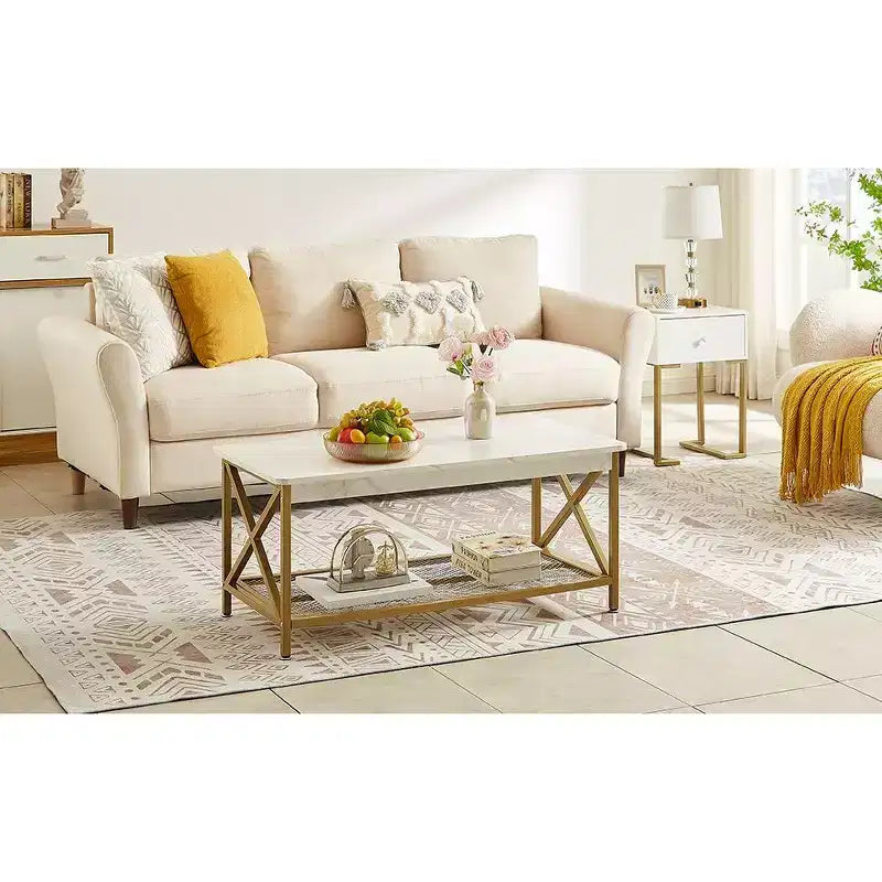 Industrial X-Frame Coffee Table with Open Storage Shelf, 39.4"L Wood & Metal