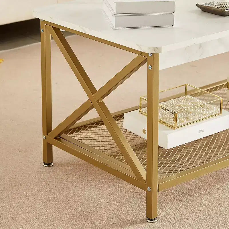 Industrial X-Frame Coffee Table with Open Storage Shelf, 39.4"L Wood & Metal