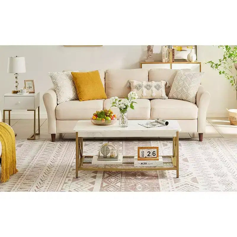 Industrial X-Frame Coffee Table with Open Storage Shelf, 39.4"L Wood & Metal