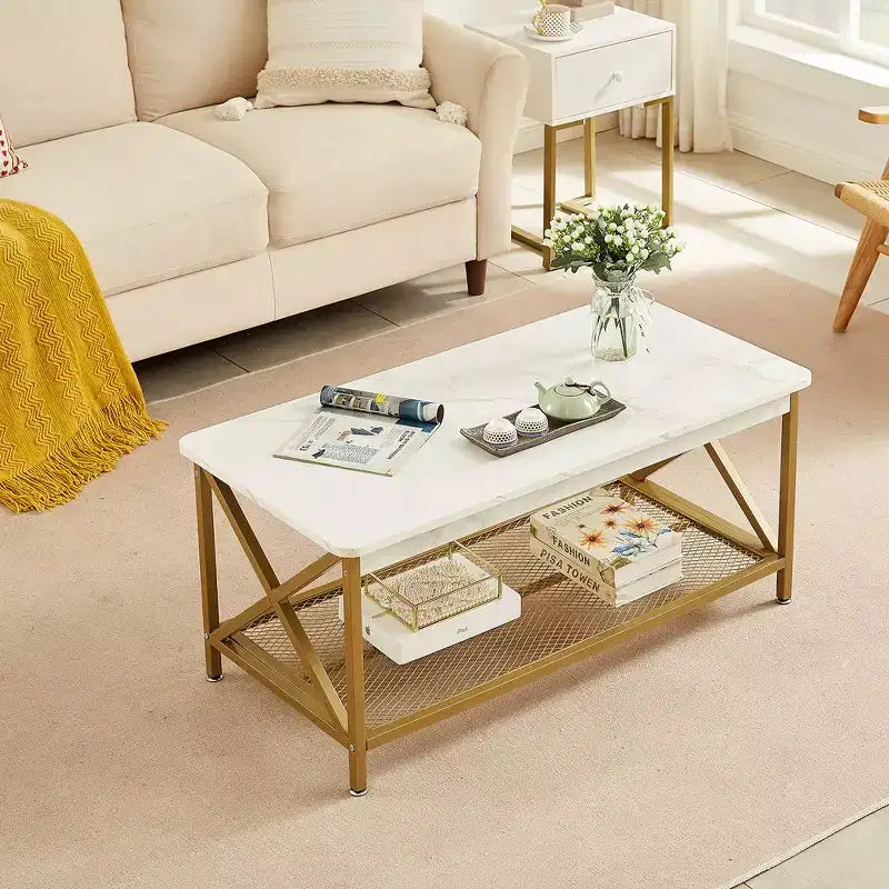 Industrial X-Frame Coffee Table with Open Storage Shelf, 39.4"L Wood & Metal