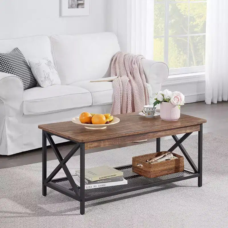 Industrial X-Frame Coffee Table with Open Storage Shelf, 39.4"L Wood & Metal