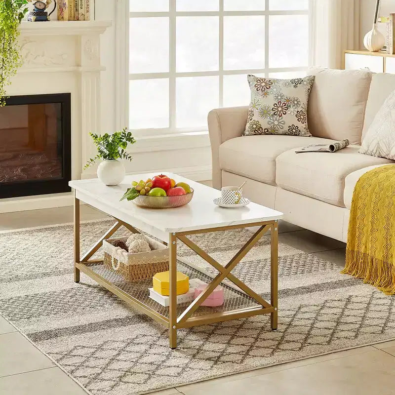 Industrial X-Frame Coffee Table with Open Storage Shelf, 39.4"L Wood & Metal