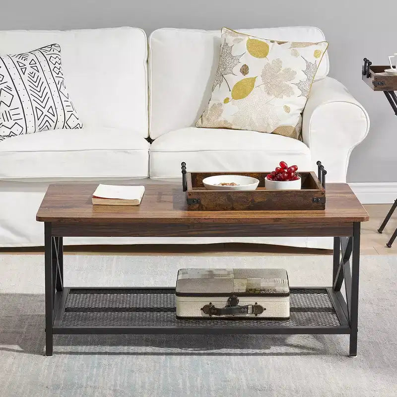 Industrial X-Frame Coffee Table with Open Storage Shelf, 39.4"L Wood & Metal