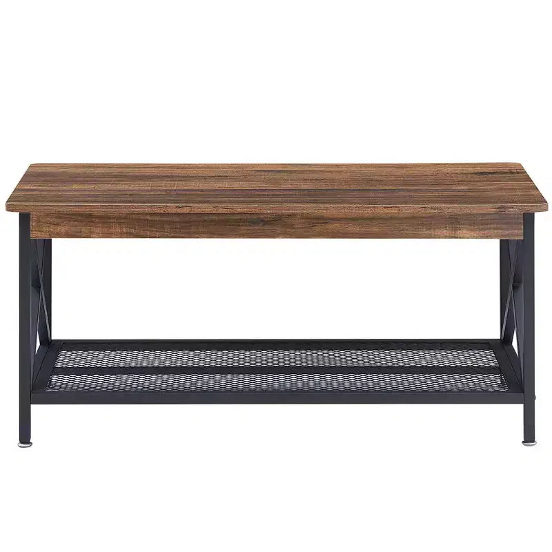 Industrial X-Frame Coffee Table with Open Storage Shelf, 39.4"L Wood & Metal